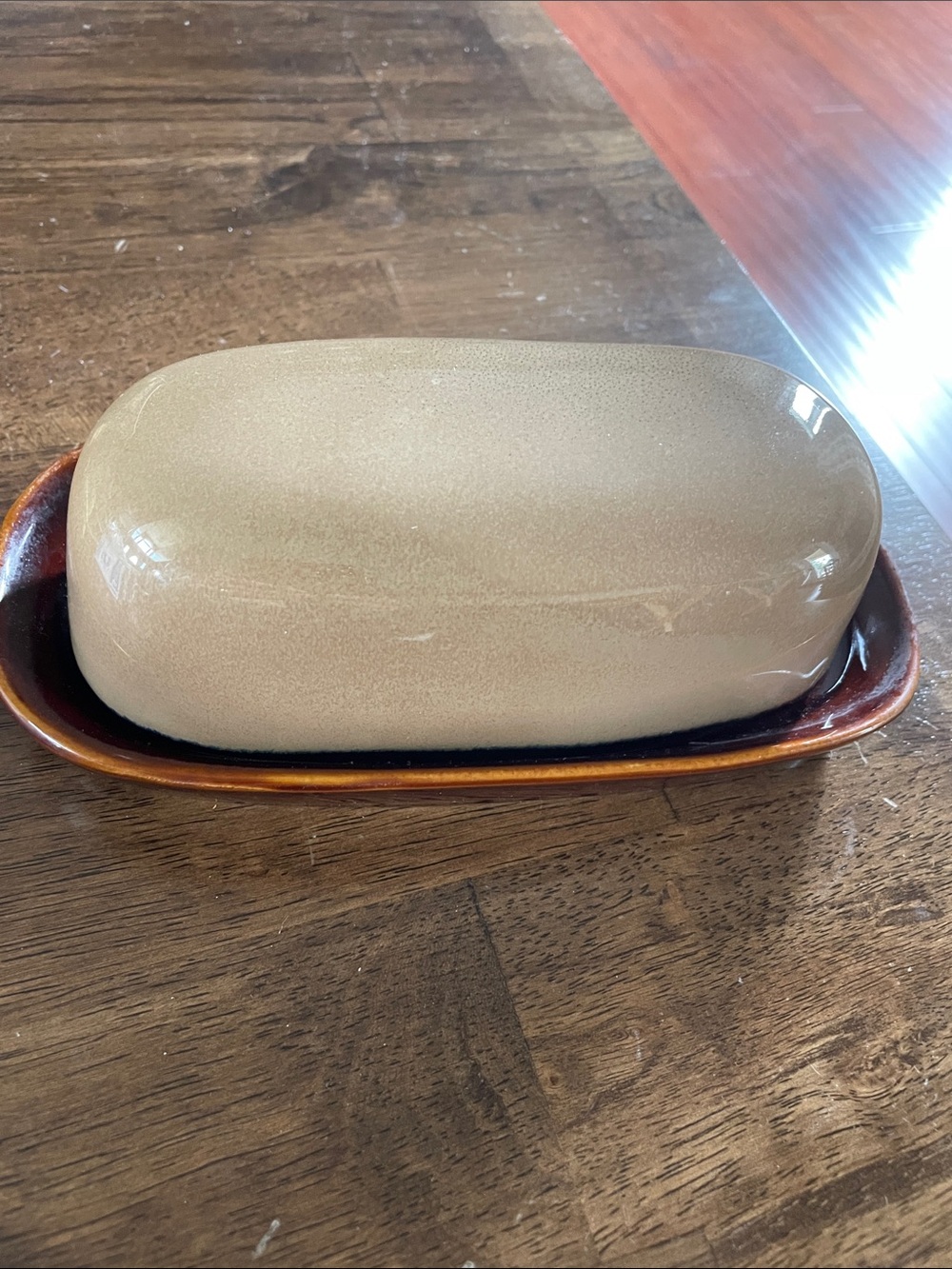 Sanyo Nova Brown Stoneware Butter Dish in Beige and Brown. Never used